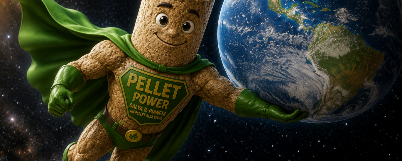 Animated wood-pellet superhero in a green cape flies through space, cradling Earth with a 'PELLET POWER' emblem on the chest.