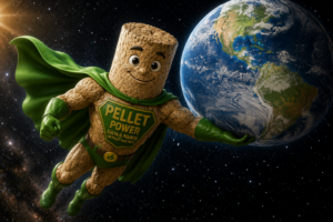 Animated wood-pellet superhero in a green cape flies through space, cradling Earth with a 'PELLET POWER' emblem on the chest.