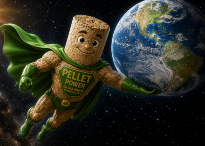 Animated wood-pellet superhero in a green cape flies through space, cradling Earth with a 'PELLET POWER' emblem on the chest.