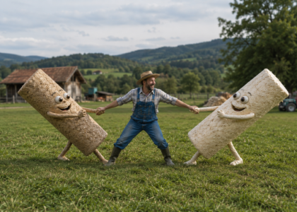 Farmer in overalls and hat playfully pulling on two smiling, cartoonish hay-bale characters in a green field.