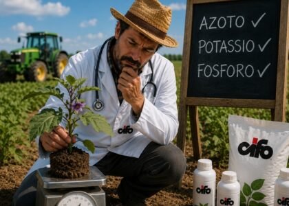 Farmer-scientist in a straw hat and white coat weighs a potted plant on a scale in a field, with a nutrient chalkboard nearby.