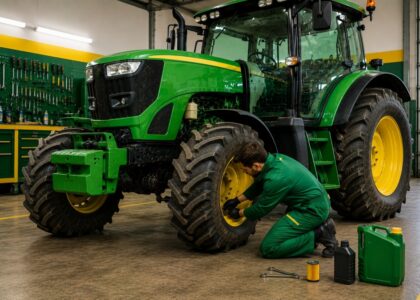 Mechanic kneels beside a large green tractor, tightening a wheel in a well-equipped workshop with tools on the wall behind.