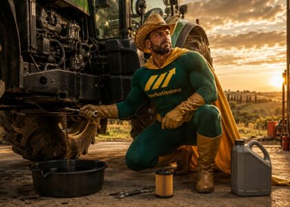 Man in a green superhero costume and straw hat kneels beside a large tractor, draining oil into a pan at sunset.